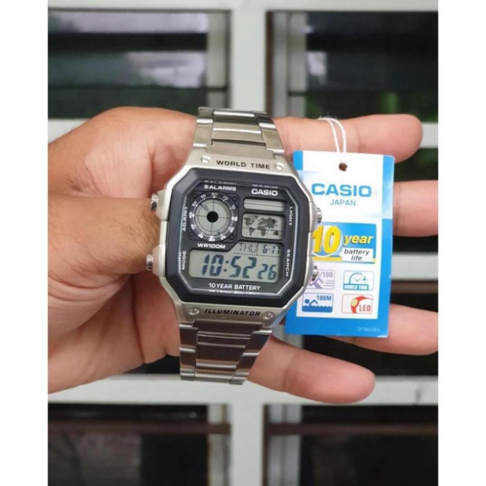 (Thẻ bảo hành 12 tháng) Đồng hồ nam Casio AE 1200-WHD classic chống nước , dây thép không gỉ (dây bạc mặt đen) | BigBuy360 - bigbuy360.vn