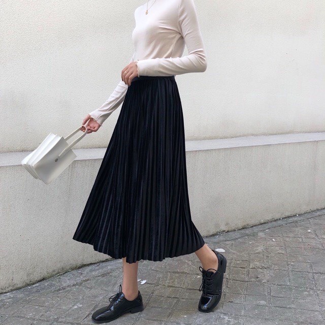 Chân váy xếp ly đen Hàn Quốc Midi dáng dài xếp li nữ tính Junnie Closet | BigBuy360 - bigbuy360.vn