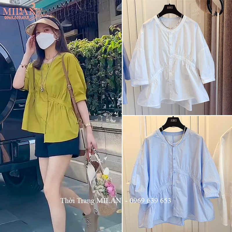 Áo sơ mi nữ form rộng tay lỡ ngắn lệch tà bigsize - Áo kiểu nữ babydoll bánh bèo tiểu thư đi học biển làm công sở điệu