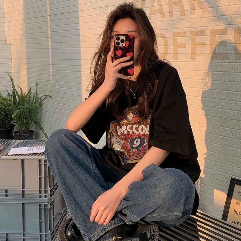 Áo thun SUXI ngắn tay cổ tròn dáng rộng in họa tiết cổ điển thời trang mùa hè cho nữ