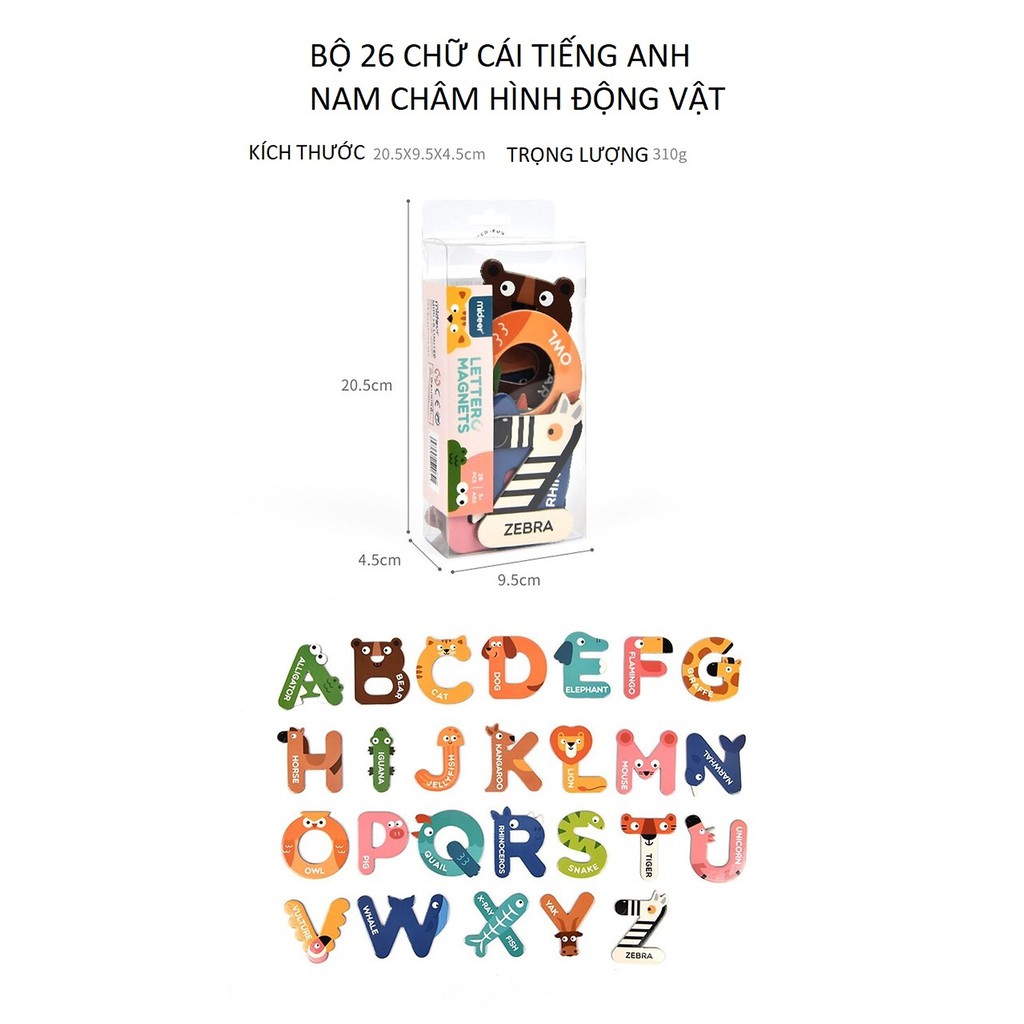 Mideer Magnet Letters - Bộ chữ cái tiếng Anh hình động vật có nam châm cho bé học chữ từ 2 tuổi trở lên