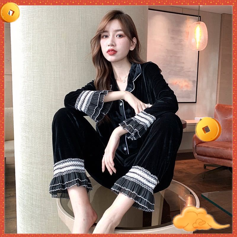 Bộ đồ ngủ hai món tay dài vải nhung vàng đồng gợi cảm thời trang thu đông có thể mặc ra ngoài và tại nhà cho nữ