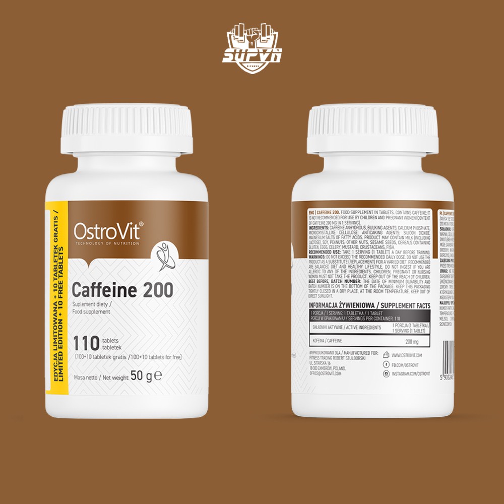 Caffeine 200mg Ostrovit - Viên uống giúp tỉnh táo tập trung tinh thần trong lúc tập luyện 110 viên