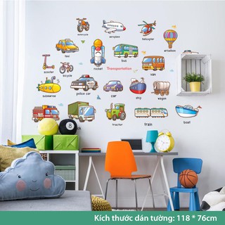Tranh dán tường cho bé trai, decal dán tường cho bé học (Xe cộ tiếng anh)