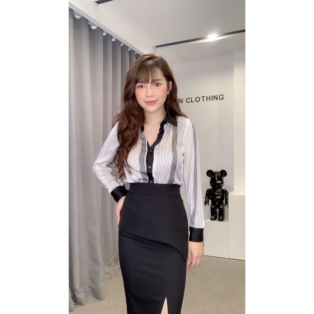 Chân váy công sở chất vải mango màu đen thiết kế xẻ trước trẻ trung, mặc tôn dáng Liin Clothing J4388