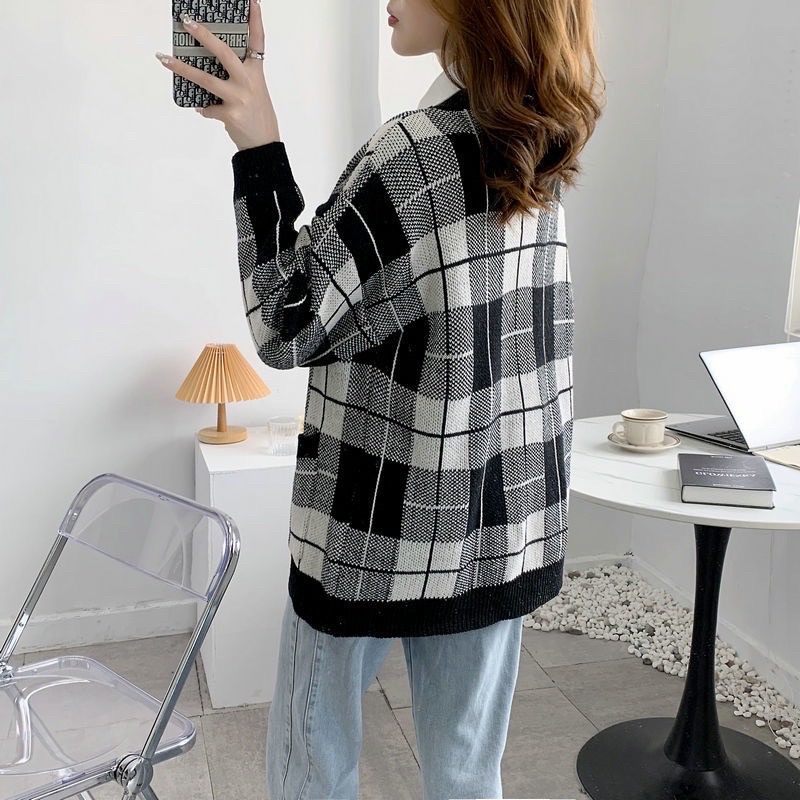Áo khoác len Cardigan hoạ tiết kẻ ô form rộng dáng xuông