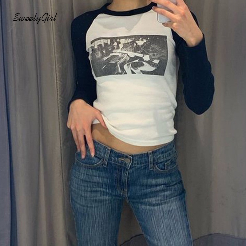 Áo Thun Tay Dài Cổ Tròn In Họa Tiết Màu Tương Phản Thời Trang 2022 Cho Nữ