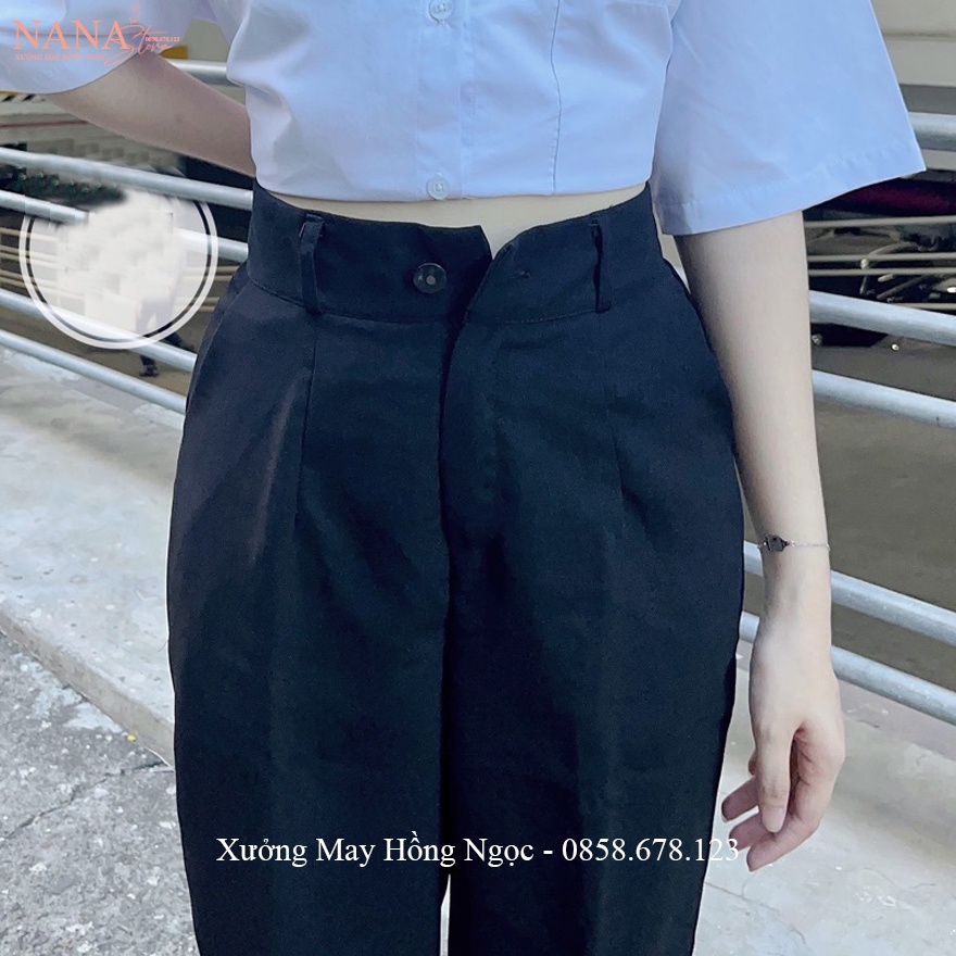 Quần tây nữ đi học lưng cao màu Xanh Đen cho học sinh dáng dài ống đứng - Quần vải nữ đi học cạp cao co giãn nhẹ dày dặn