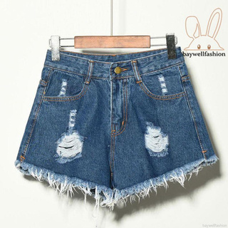 Quần Short Jean Rách Cạp Cao Cho Nữ