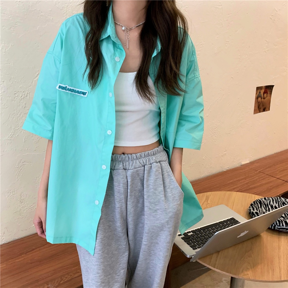 SUXI Áo Sơ Mi Tay Ngắn Màu Sắc Trơn Đơn Giản Phong Cách Vintage Dễ Phối Đồ