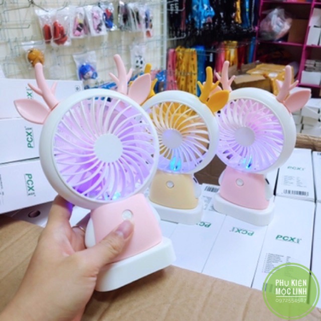 🌬Quạt mini tích điện cầm tay có đèn sáng, quạt để bàn có tai cute ( tặng kèm dây sạc)