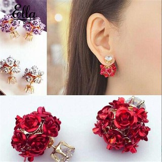 Ellastore lady   Earrings Sweet Rhinestone Rose Flower Ball Ear Stue Earring