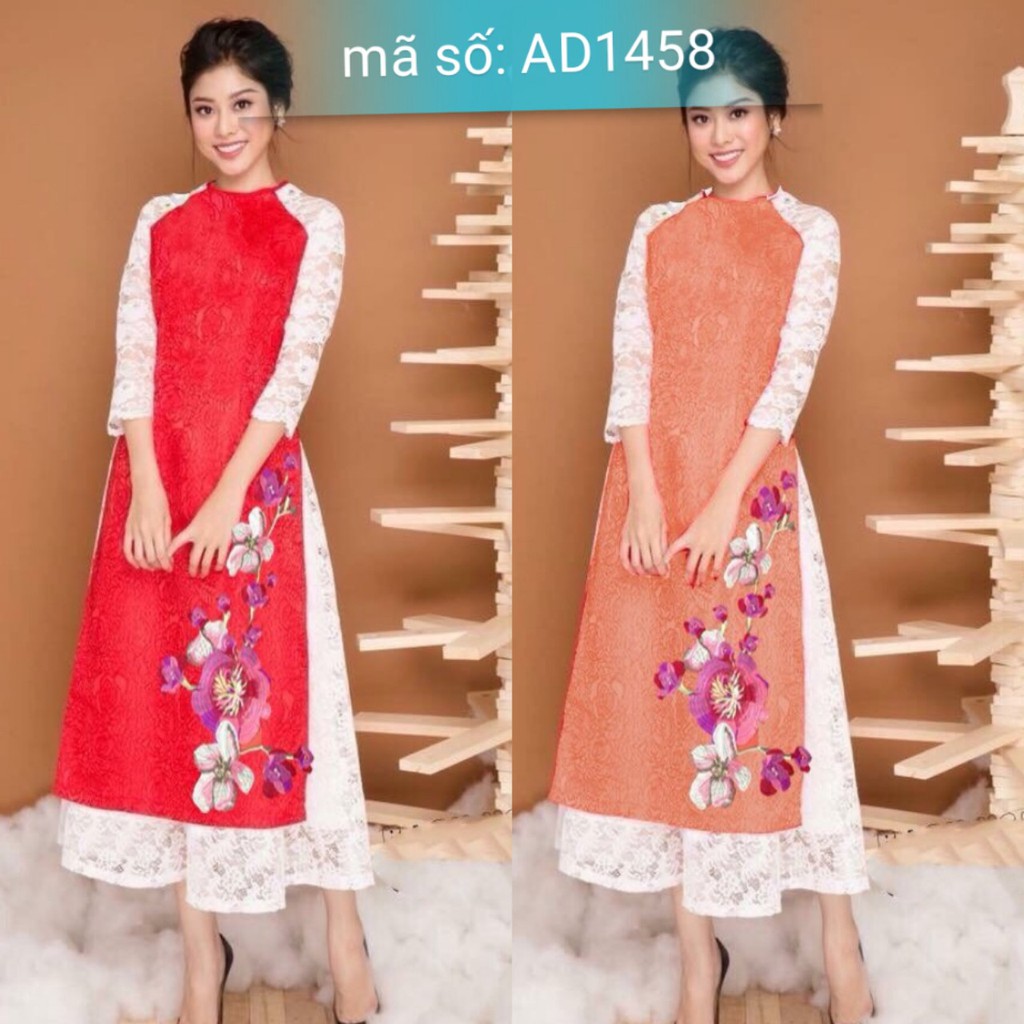 Set Áo Dài Cách Tân gấm cổ tròn tay ren đính hoa to kèm váy ren