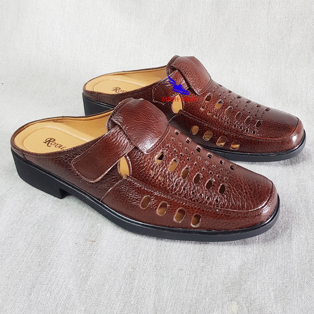Giày Sục Nam Da Bò Dép SaBo Nam Bít Mũi có KHÂU ĐẾ Rọ nam đục lỗ mùa hè thoáng khí R-1 màu nâu
