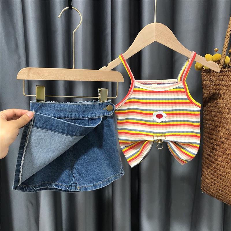 Bộ áo sát nách kẻ sọc + quần short thiết kế mới thời trang mùa hè theo phong cách Hàn Quốc cho bé gái