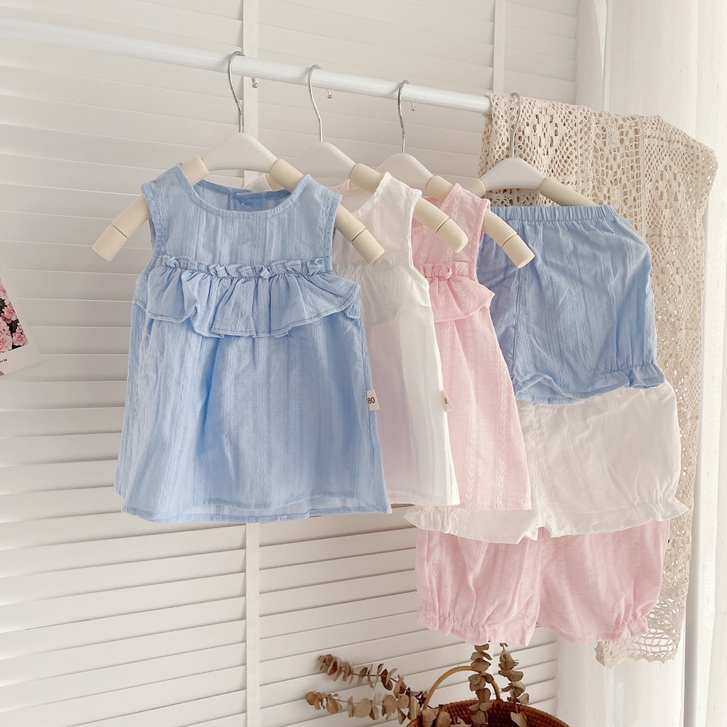 Bộ hè ba lỗ chất thô boi mềm màu trơn cho bé gái 8-21kg (6 tháng- 6 tuổi)