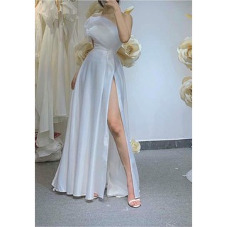 đầm dạ hội phi lụa lệch vai, váy maxi phi xẻ đùi