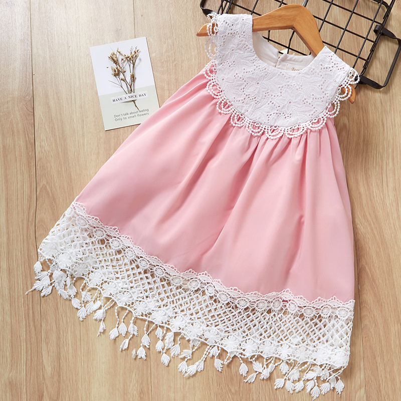 Đầm bé gái Donna's váy hồng phối ren tua rua xinh xắn form dài maxi đi biển đầm váy trẻ em