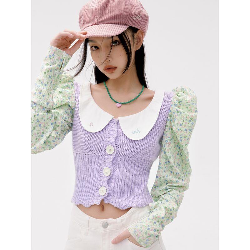 Áo Dệt Kim Tay Phồng Cổ Búp Bê In Hoa Màu Xanh Lá Phong Cách Mùa Xuân 2022 Thời Trang Mới