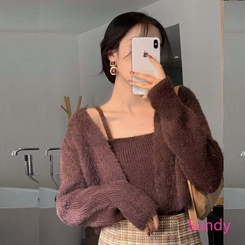 Set Áo Hai Dây Kèm Áo Khoác Cardigan Thời Trang Mùa Thu Phong Cách Phương Tây Cho Nữ