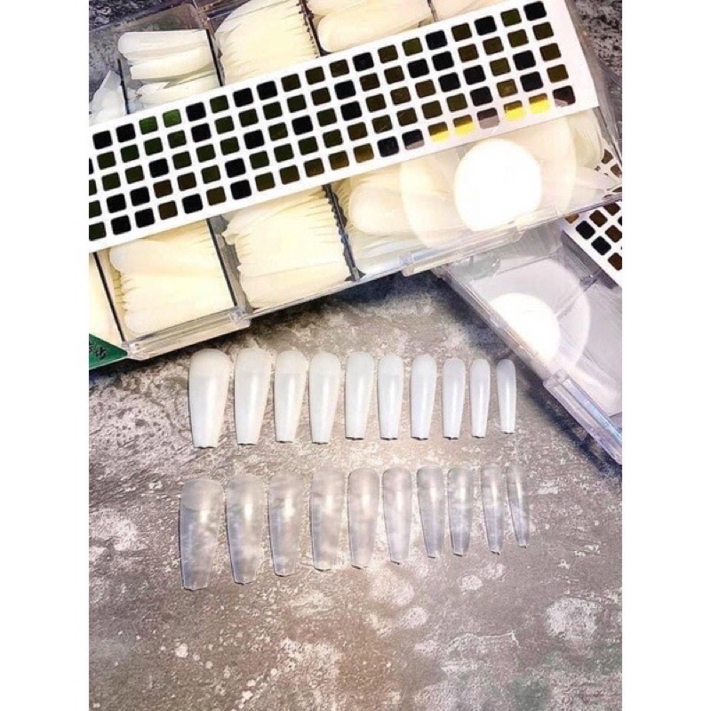Móng úp HSM đủ phom đủ size - thang,vuông,nhọn,bầu,tròn- hàng loại 1 - tem hồng,tem đen, hộp 500 móng