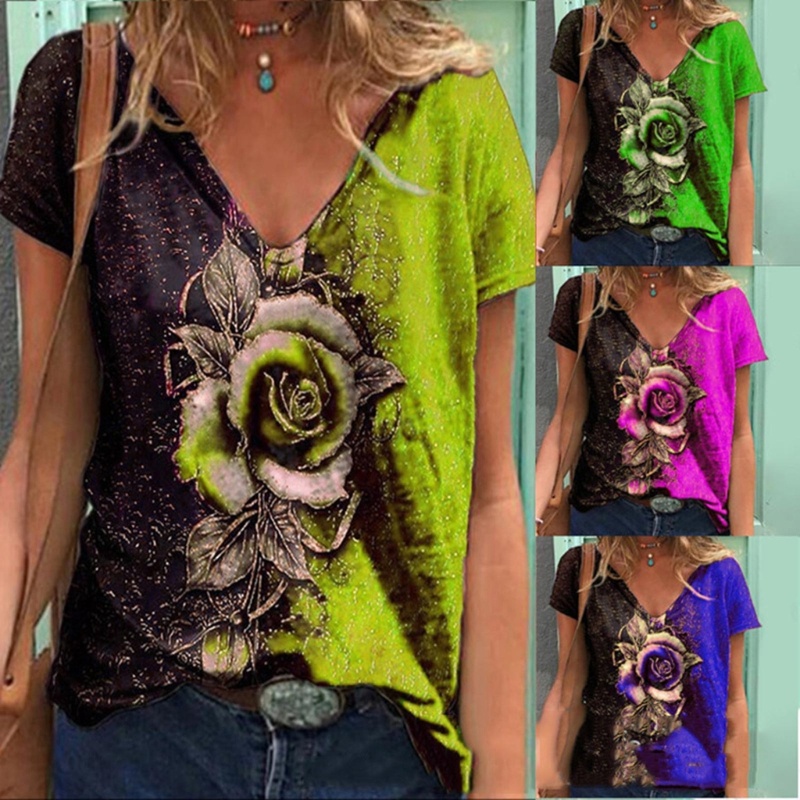Áo Thun Nữ Cổ Chữ V Dáng Rộng In Họa Tiết Hoa Hồng Phong Cách Vintage Hợp Thời Trang Hè