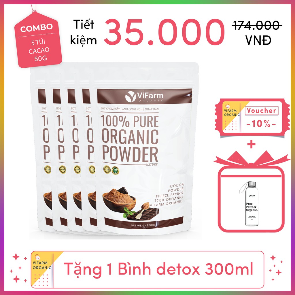 Bột Ca Cao Nguyên Chất 100% ViFarm 50Gram, Bột Cacao không đường, Hỗ Trợ Giảm Cân, Ăn Kiêng