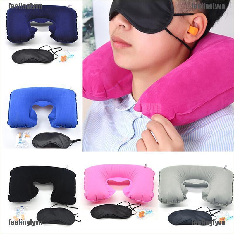 ❤TOP❤ Bơm hơi cổ Gối Air U Shape Gối Ngủ Head Đệm Eyemask Earplug Set ❤YO