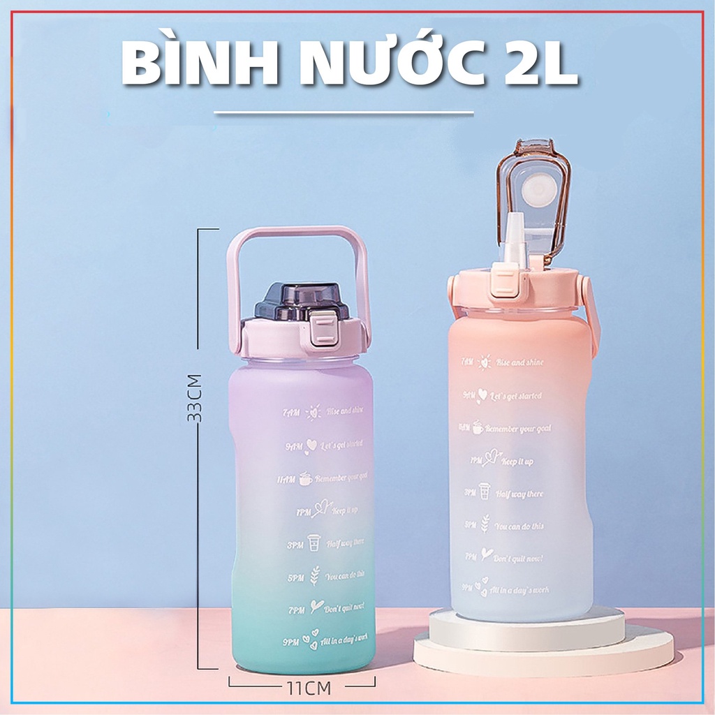 Kèm sticker  Bình Nước ⚡️ Bình Đựng Nước 2L Dễ Thương Có Vạch Báo Giờ Uống Nước