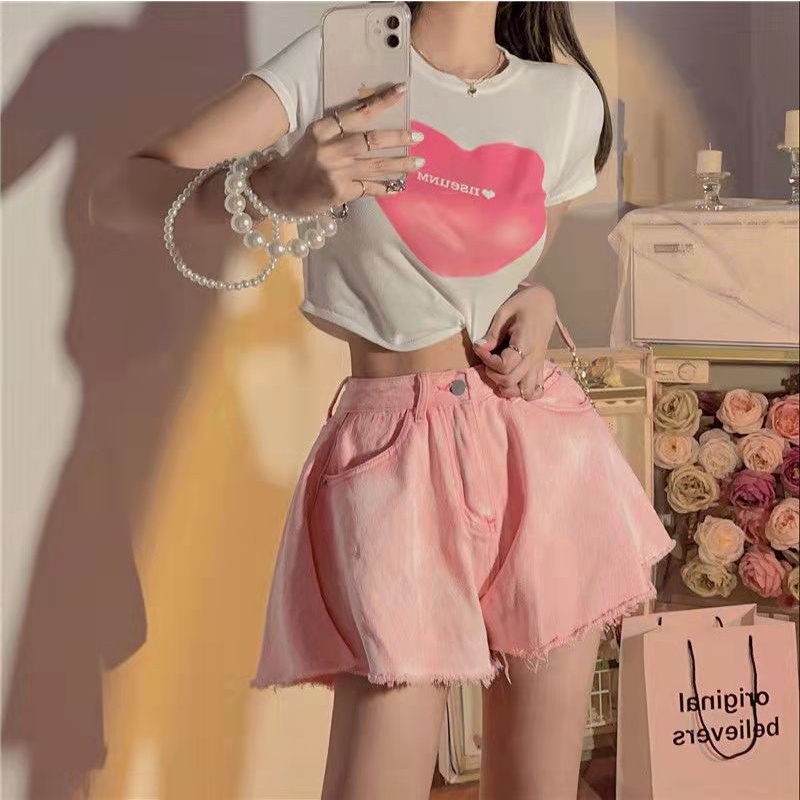 Quần đùi denim lưng cao phối quần ren bên trong mẫu 2023 thời trang mùa hè dành cho nữ