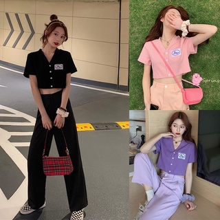 Áo Croptop Dệt Kim Tay Ngắn Cổ Chữ V Phối Nút Thời Trang Cho Nữ DX210603005