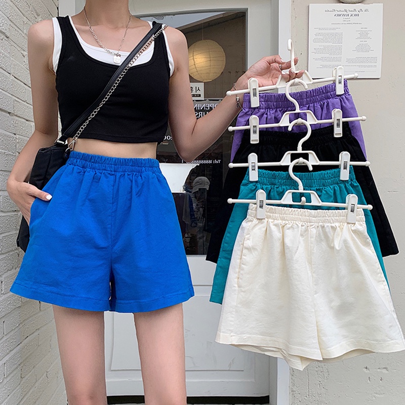 Quần ngắn thể thao IELGY lưng cao ống rộng màu trơn thời trang Hàn Quốc giản dị cho nữ