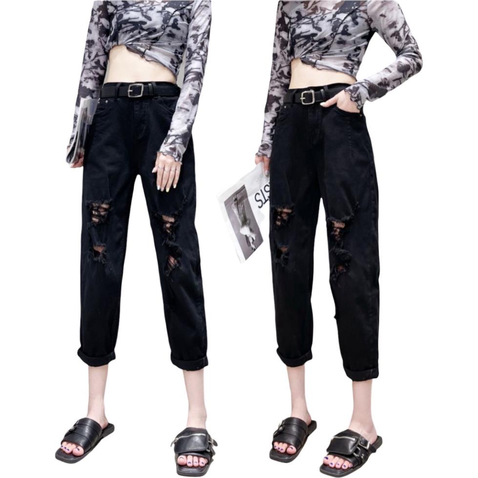 Quần jean baggy nữ BigSize Lưng Cao, màu đen tuyền Rách bụi bặm, phong cách hàn quốc, phom to rộng đủ size 4100 ! -