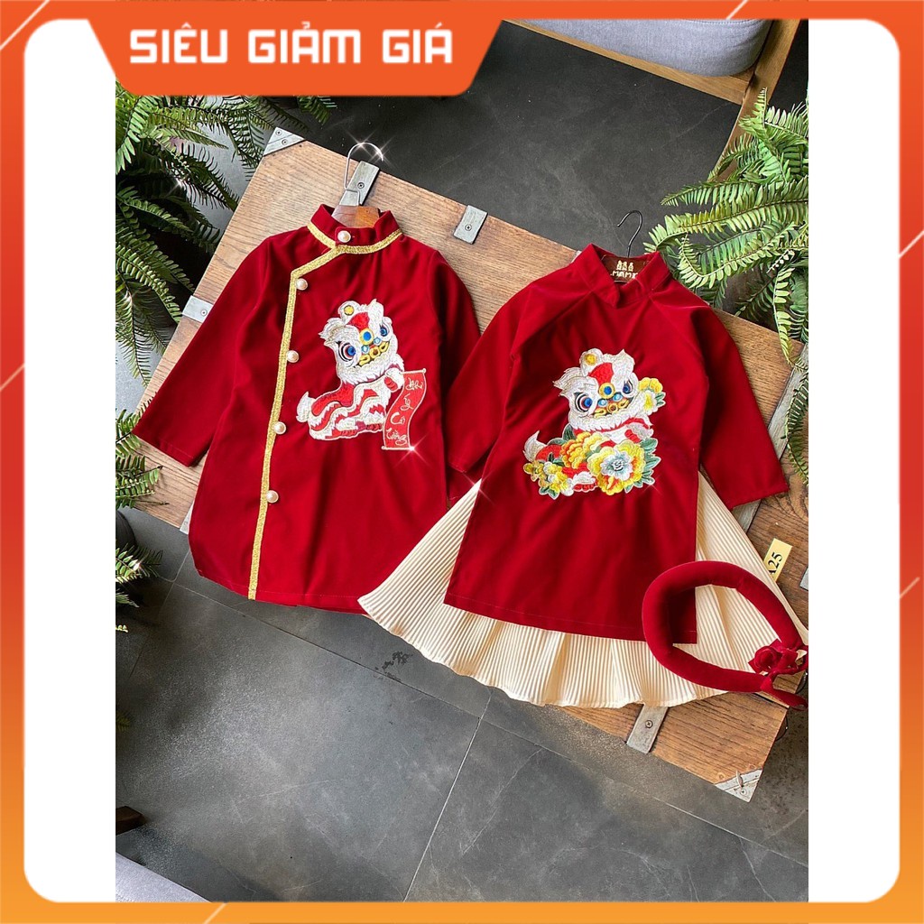 Áo dài cách tân nhung cho bé trai và bé gái 1-8 tuổi vải nhung hình Lân