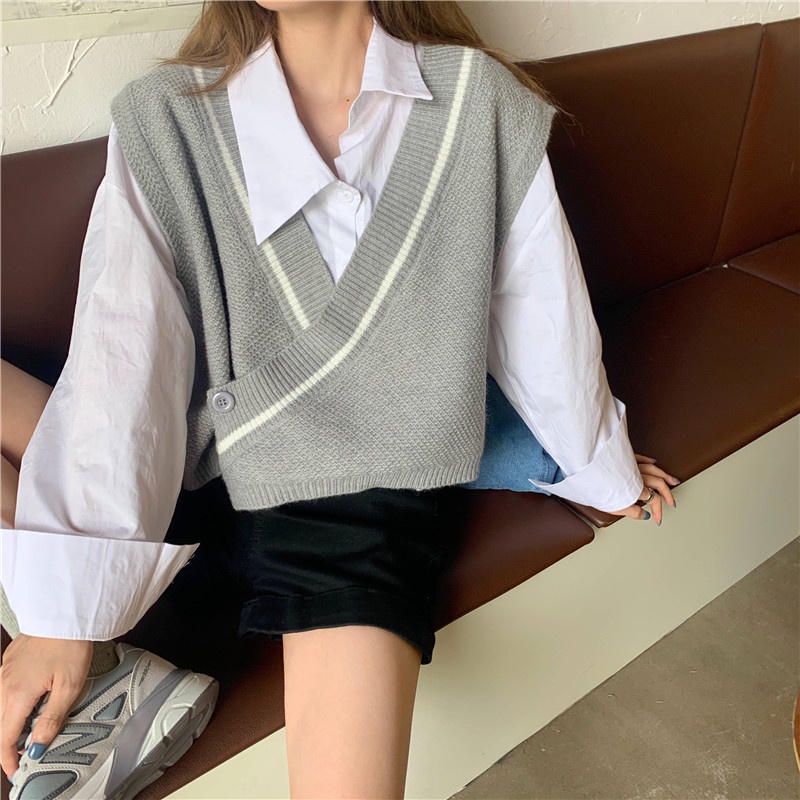 Áo Len Không Tay Cổ Chữ V Dáng Rộng Phong Cách Hàn Quốc Thời Trang