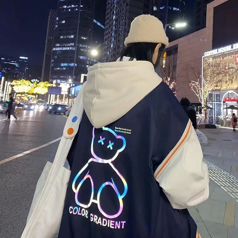 Áo Khoác Có Mũ Trùm In Hình Gấu Phản Quang Thời Trang Xuân Thu Hàn Quốc Cho Nam Size M-5Xl 2021