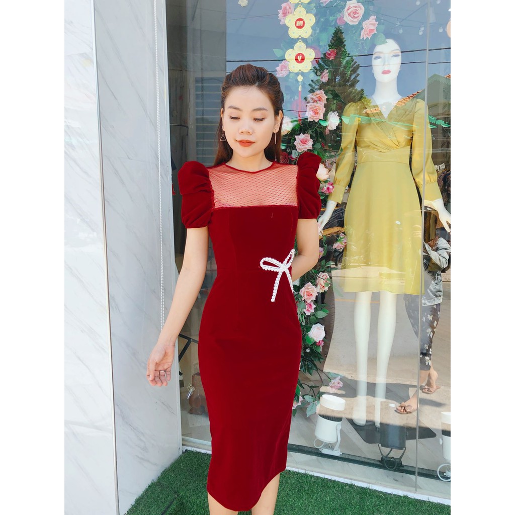 Đầm dự tiệc body vải nhung phối lưới tay phồng thiết kế Callene CC97