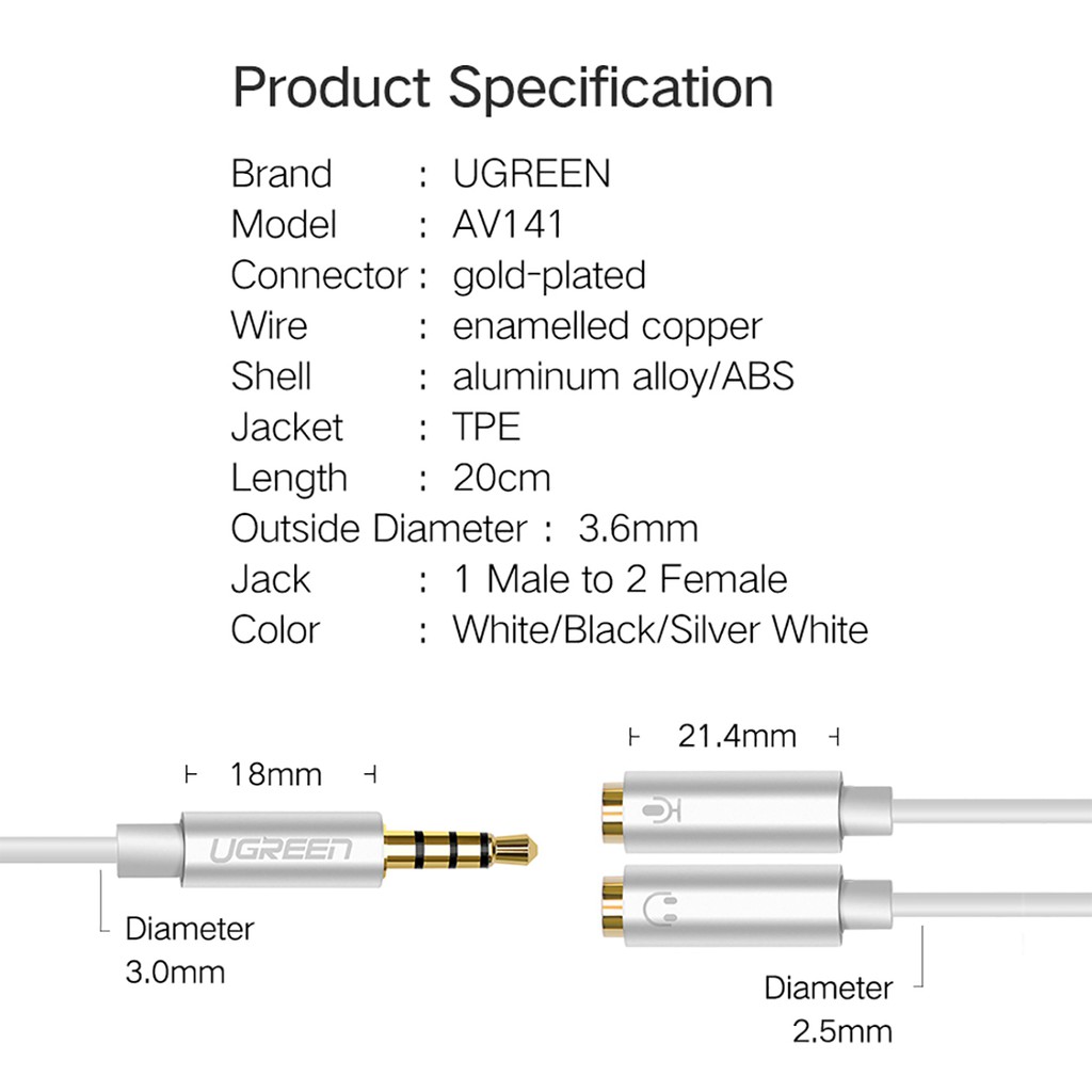 Cáp Chia Cổng 3.5mm Sang Mic Và Audio Tai Nghe Ugreen AV141 Chính Hãng - BH 18 Tháng Đổi Mới