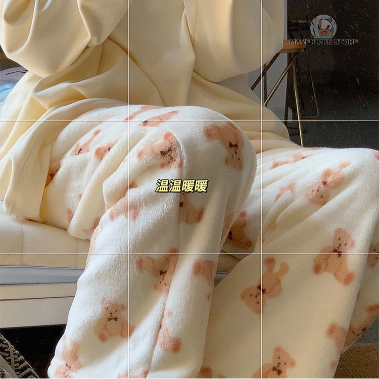 Quần dài nhung san hô dày và ấm có in hình gấu hoạt hình dễ thương cho phụ nữ mùa thu đông