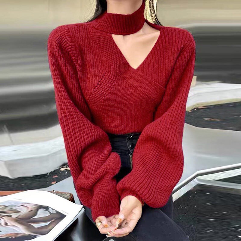 Áo Len Tay Phồng Có Cổ Hở Vai Độc Lạ Phong cách Hàn Quốc Mùa Thu Đông