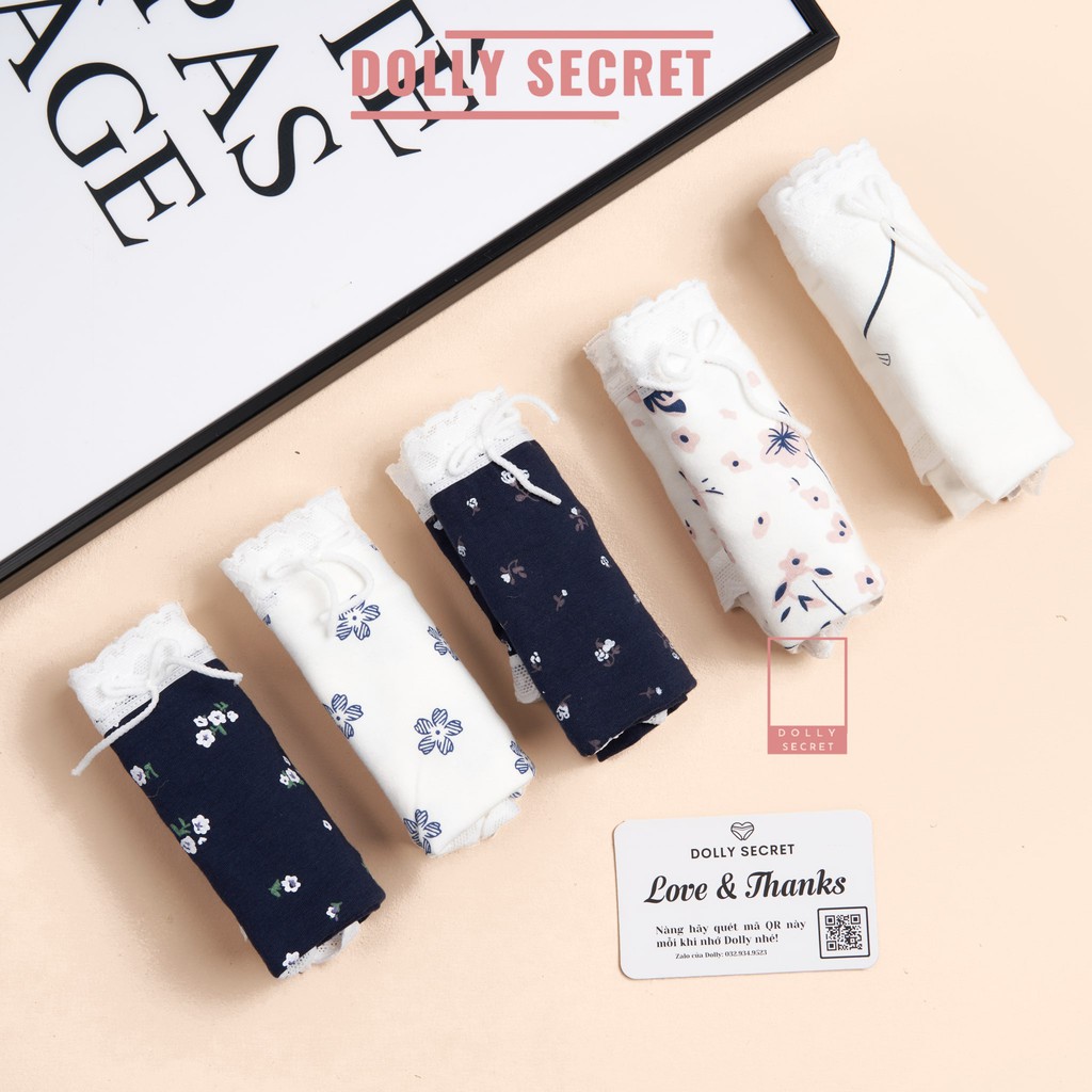 Quần Lót Cotton Nữ DOLLY SECRET Viền Ren Y Tế Học Sinh Cao Cấp Họa Tiết Màu Trắng Vải Kháng Khuẩn Mềm Mại QL050