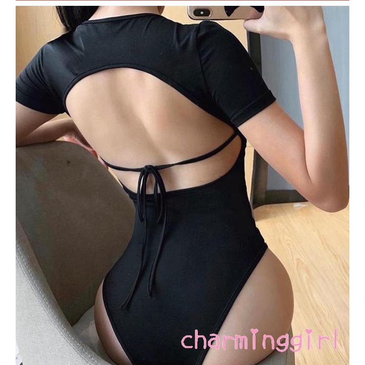 Áo liền quần tay ngắn hở lưng thắt dây màu đen quyến rũ cho nữ