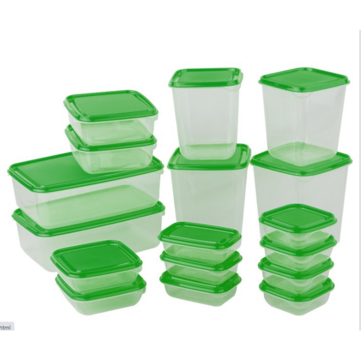Bộ 17 hộp đựng bảo quản thực phẩm kích thước nhỏ gọn, dễ sắp xếp trong tủ lạnh. Hộp đựng trong suốt với nắp màu xanh lá