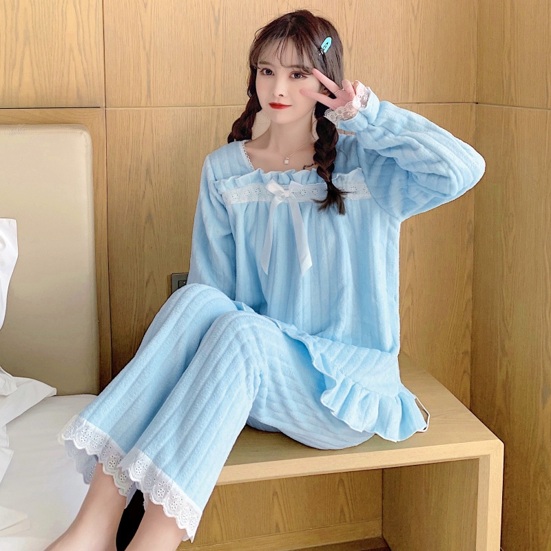 Bộ Đồ Ngủ Chất Nỉ Phối Ren Phong Cách Hàn Quốc Thời Trang Thu Đông Xinh Xắn Cho Nữ