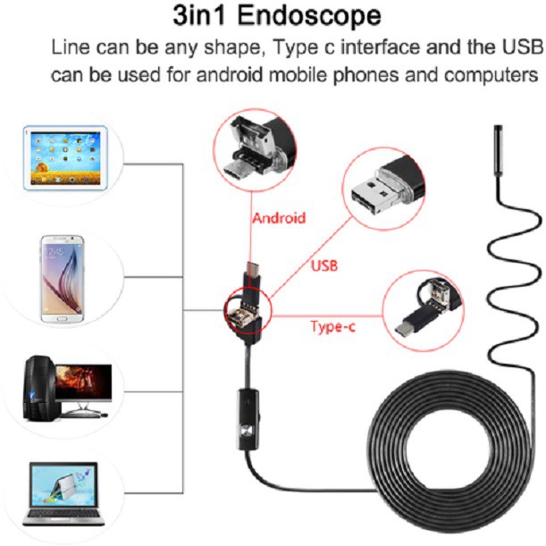 Camera 3in1 Endoscope 8mm dài 2m