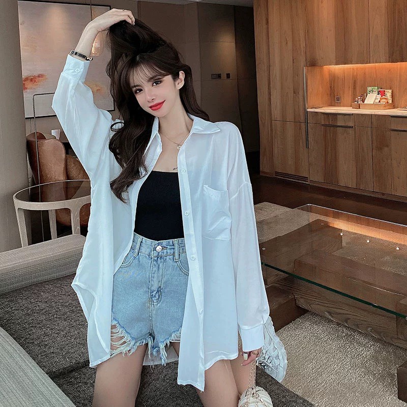 Áo Sơ Mi Nữ From Rộng CHIPY Chất Đũi Kiểu Công Sở Dài Tay Phồng 2 Túi Dáng Dài Hàn Quốc Vải Lụa Màu Trắng Cổ Đức Vintage | BigBuy360 - bigbuy360.vn