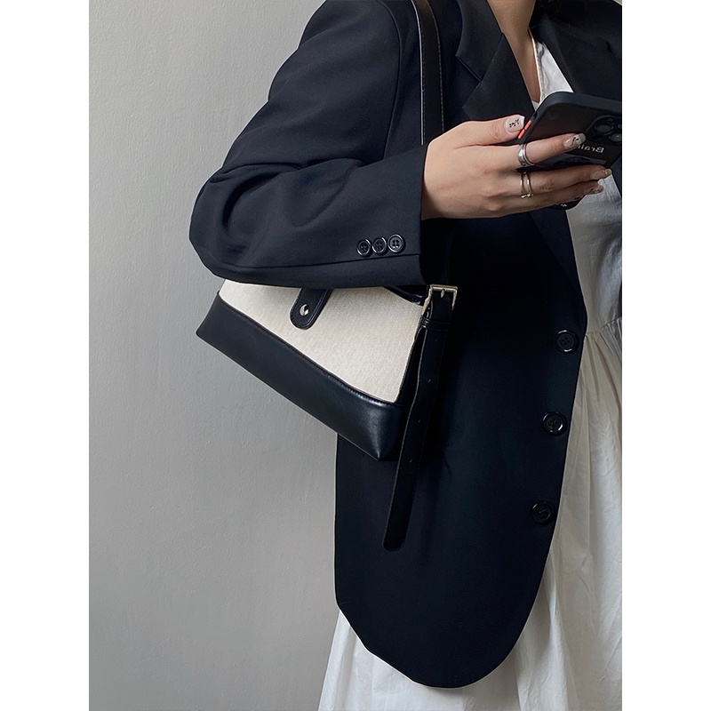 Túi tote Đeo Vai Vải Canvas Màu Sắc Tương Phản Thiết Kế Đơn Giản Cá Tính