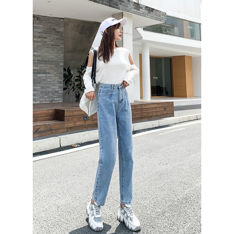 Quần Jean Dài Ống Rộng Lưng Cao Cá Tính Độc Đáo Cho Nữ