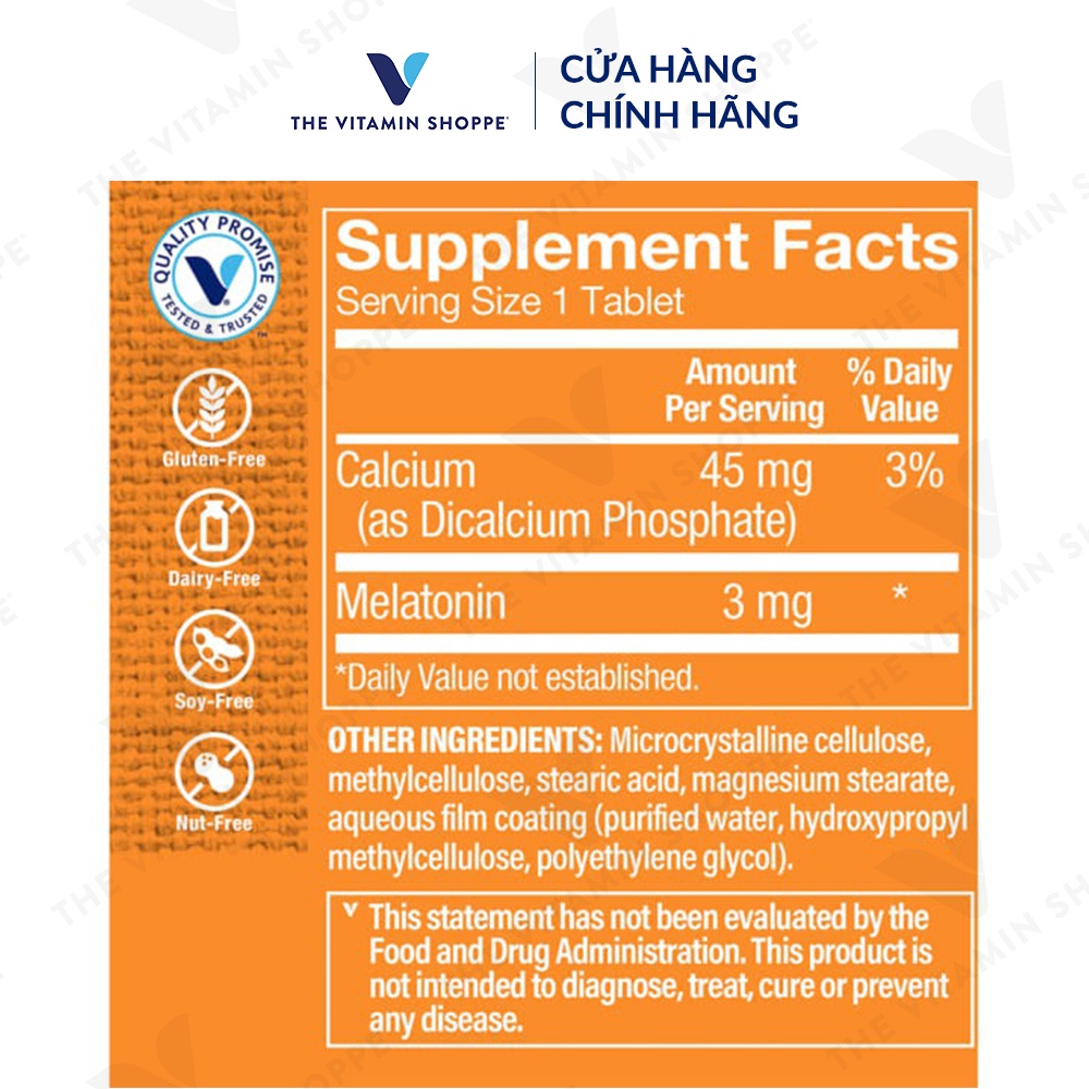 Viên uống hỗ trợ giấc ngủ ngon Melatonin giải phóng kéo dài THE VITAMIN SHOPPE Melatonin Sustained Release 3 MG 120/240