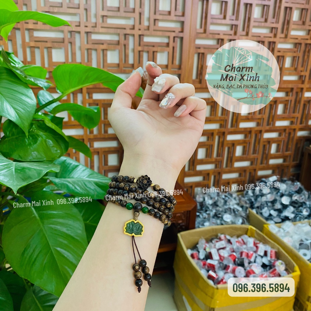 Chuỗi Trầm Hương Sánh chìm 108 hạt phối Hoa Sen và Búp Sen Ngo.c Bích bọc Bạc 925 - Vòng Tay Gỗ tự nhiên Nữ phong thuỷ